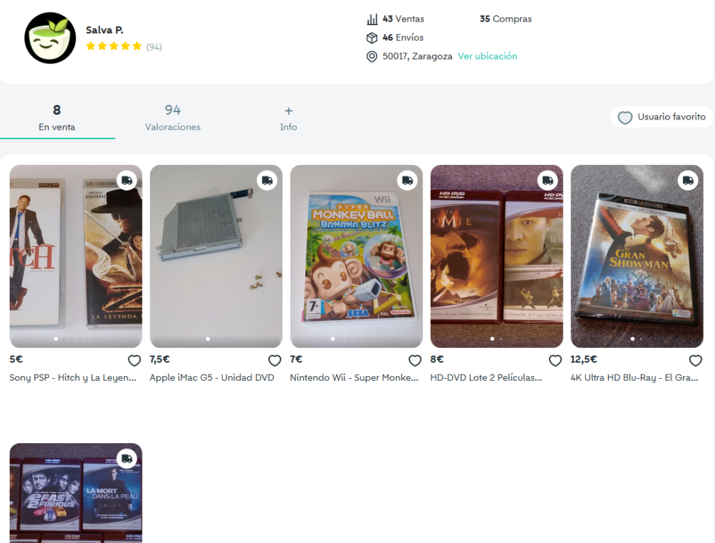 Página de ventas de Wallapop de Salva Perugorria.